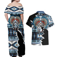 Native American Chief Skull With Axe Couples Matching Off Shoulder Maxi Dress and Hawaiian Shirt - Wonder Print Shop