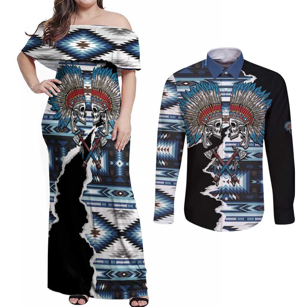 Native American Chief Skull With Axe Couples Matching Off Shoulder Maxi Dress and Long Sleeve Button Shirt - Wonder Print Shop