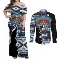 Native American Chief Skull With Axe Couples Matching Off Shoulder Maxi Dress and Long Sleeve Button Shirt - Wonder Print Shop