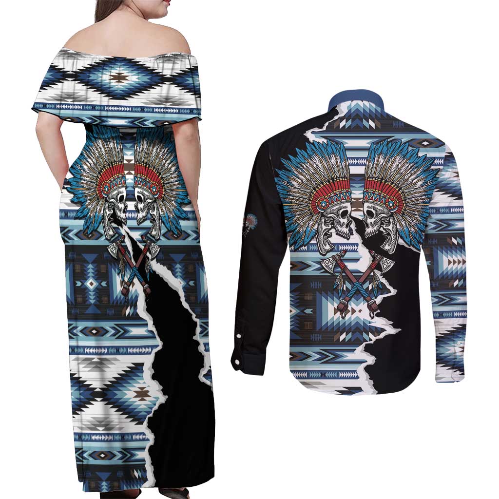 Native American Chief Skull With Axe Couples Matching Off Shoulder Maxi Dress and Long Sleeve Button Shirt - Wonder Print Shop