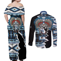 Native American Chief Skull With Axe Couples Matching Off Shoulder Maxi Dress and Long Sleeve Button Shirt - Wonder Print Shop