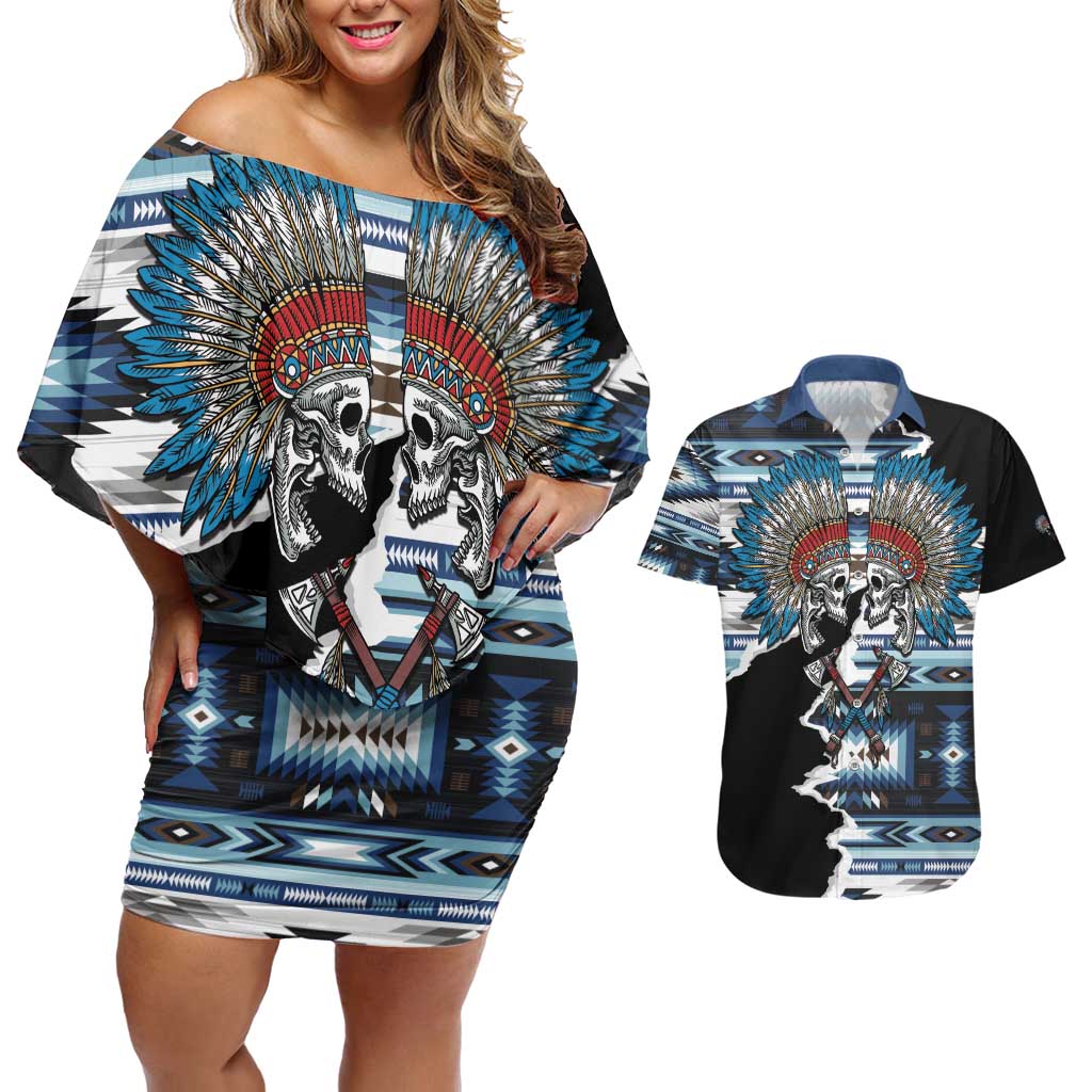Native American Chief Skull With Axe Couples Matching Off Shoulder Short Dress and Hawaiian Shirt - Wonder Print Shop