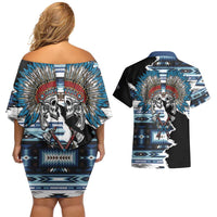 Native American Chief Skull With Axe Couples Matching Off Shoulder Short Dress and Hawaiian Shirt - Wonder Print Shop
