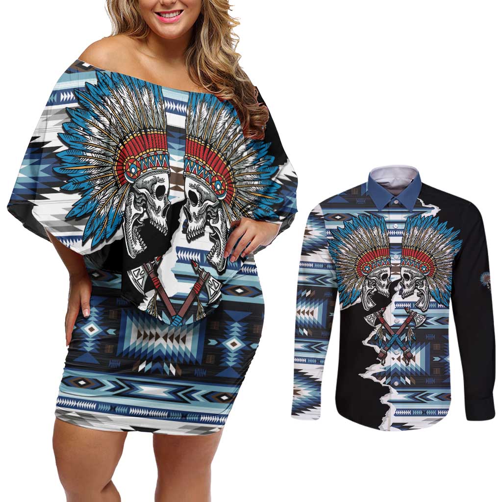 Native American Chief Skull With Axe Couples Matching Off Shoulder Short Dress and Long Sleeve Button Shirt - Wonder Print Shop