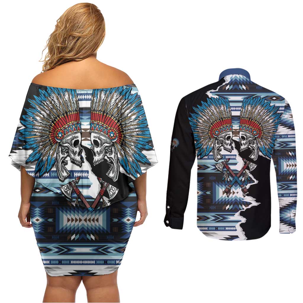 Native American Chief Skull With Axe Couples Matching Off Shoulder Short Dress and Long Sleeve Button Shirt - Wonder Print Shop