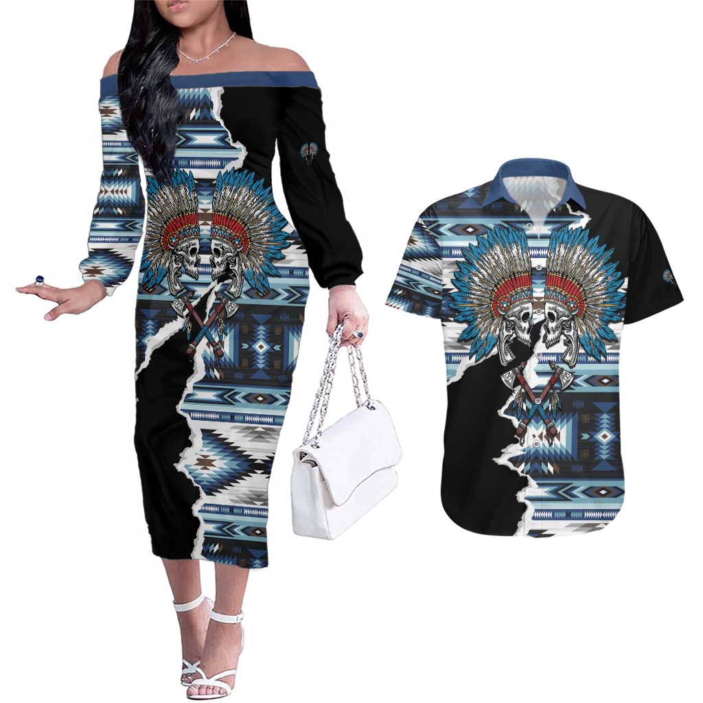 Native American Chief Skull With Axe Couples Matching Off The Shoulder Long Sleeve Dress and Hawaiian Shirt - Wonder Print Shop