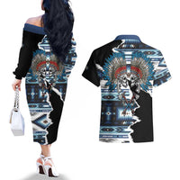 Native American Chief Skull With Axe Couples Matching Off The Shoulder Long Sleeve Dress and Hawaiian Shirt - Wonder Print Shop