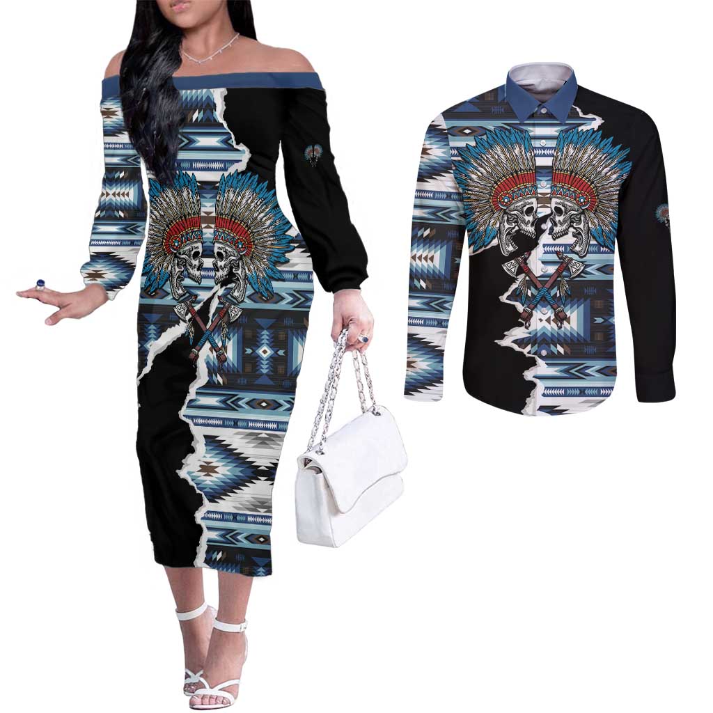 Native American Chief Skull With Axe Couples Matching Off The Shoulder Long Sleeve Dress and Long Sleeve Button Shirt - Wonder Print Shop