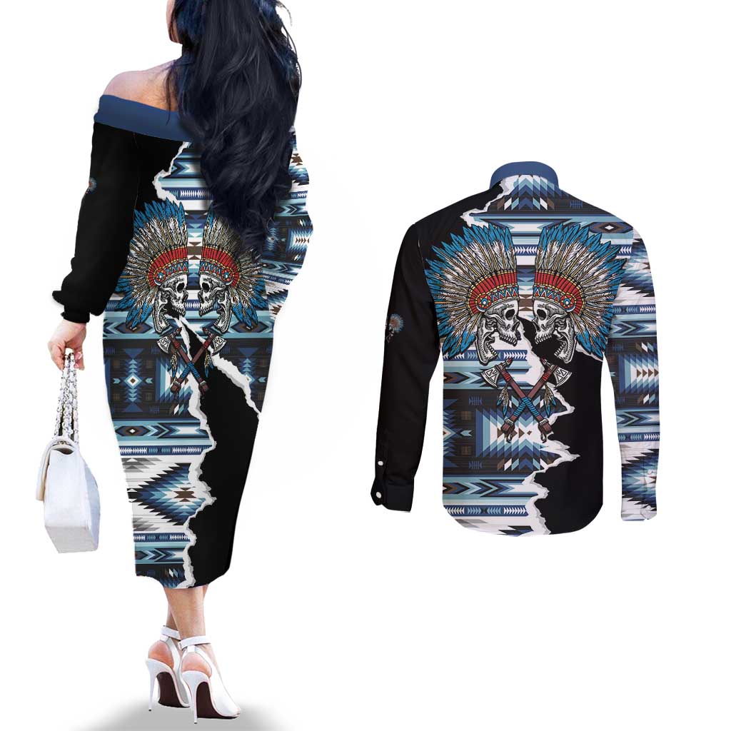 Native American Chief Skull With Axe Couples Matching Off The Shoulder Long Sleeve Dress and Long Sleeve Button Shirt - Wonder Print Shop