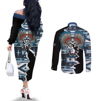 Native American Chief Skull With Axe Couples Matching Off The Shoulder Long Sleeve Dress and Long Sleeve Button Shirt - Wonder Print Shop