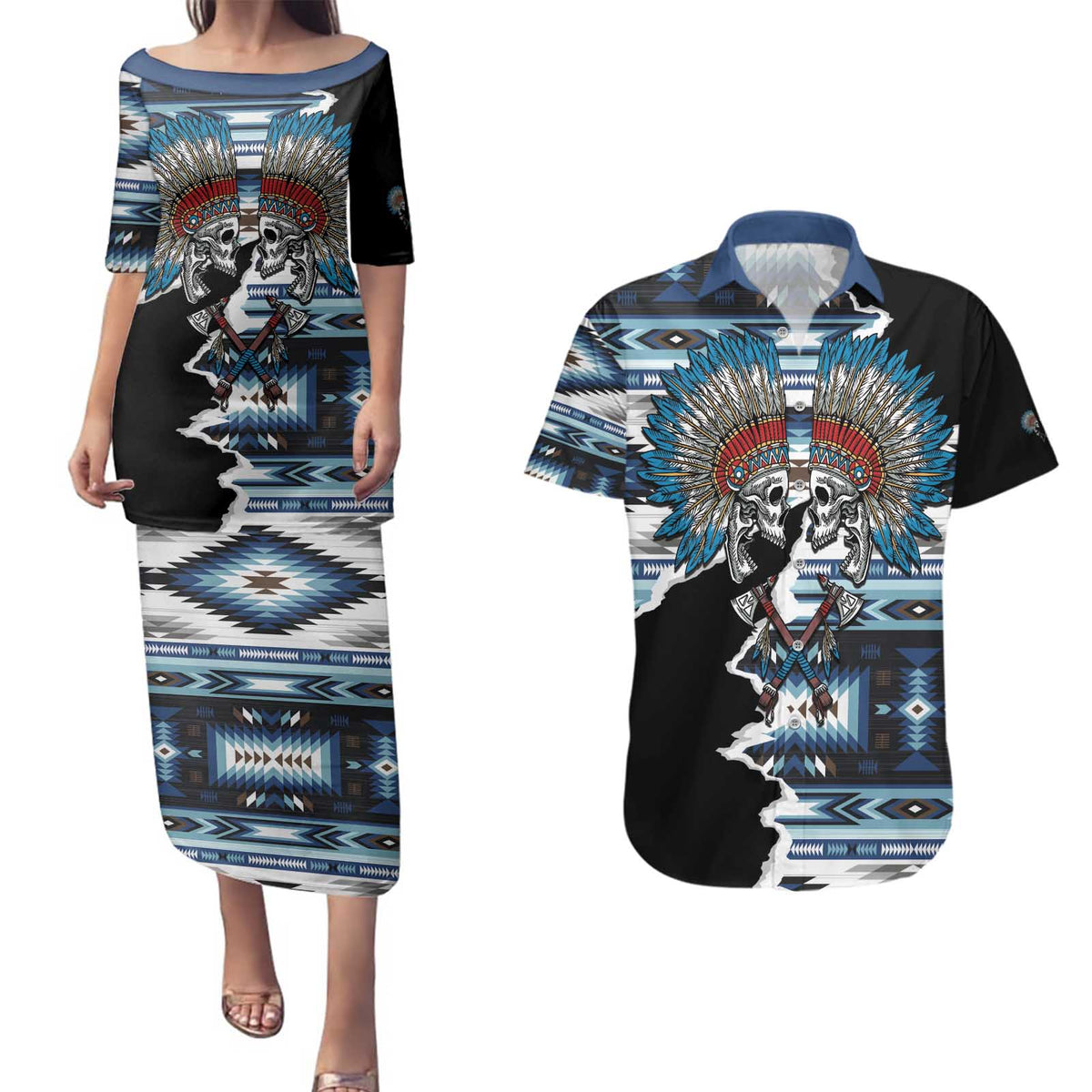 Native American Chief Skull With Axe Couples Matching Puletasi and Hawaiian Shirt - Wonder Print Shop