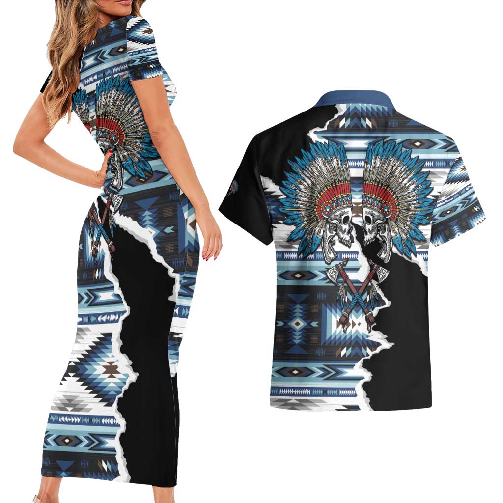 Native American Chief Skull With Axe Couples Matching Short Sleeve Bodycon Dress and Hawaiian Shirt - Wonder Print Shop