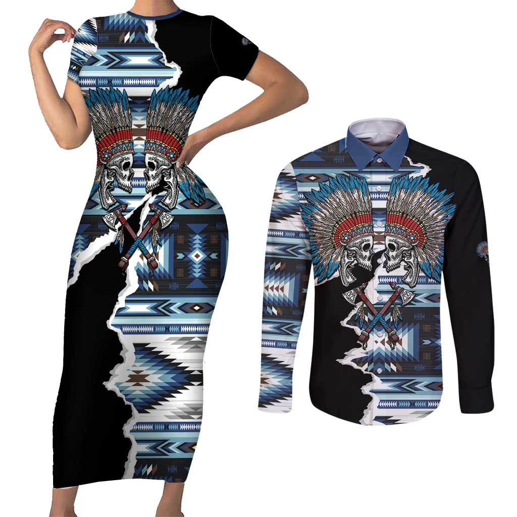 Native American Chief Skull With Axe Couples Matching Short Sleeve Bodycon Dress and Long Sleeve Button Shirt - Wonder Print Shop
