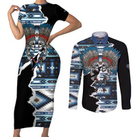 Native American Chief Skull With Axe Couples Matching Short Sleeve Bodycon Dress and Long Sleeve Button Shirt - Wonder Print Shop