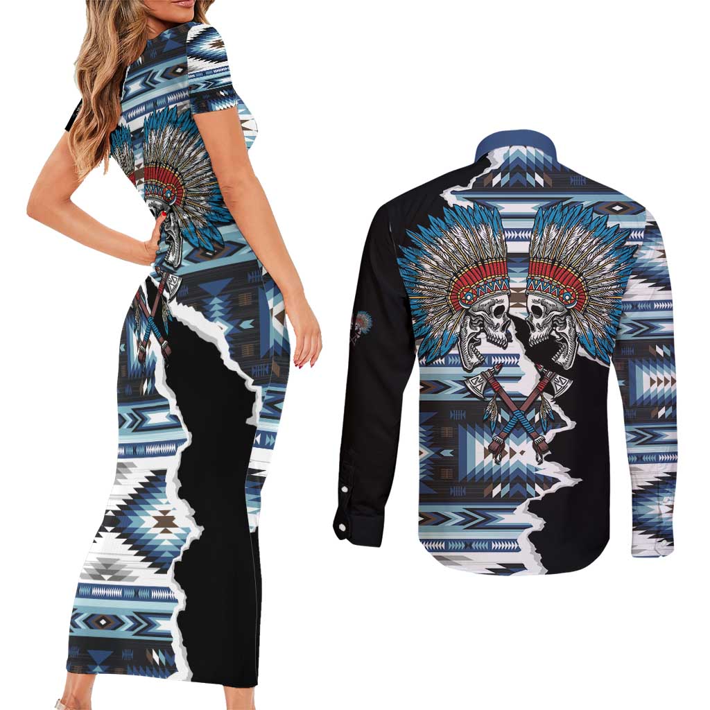 Native American Chief Skull With Axe Couples Matching Short Sleeve Bodycon Dress and Long Sleeve Button Shirt - Wonder Print Shop
