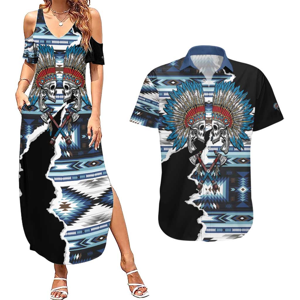 Native American Chief Skull With Axe Couples Matching Summer Maxi Dress and Hawaiian Shirt - Wonder Print Shop