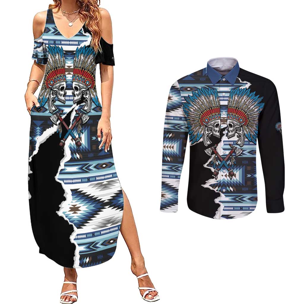Native American Chief Skull With Axe Couples Matching Summer Maxi Dress and Long Sleeve Button Shirt - Wonder Print Shop