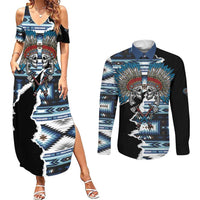 Native American Chief Skull With Axe Couples Matching Summer Maxi Dress and Long Sleeve Button Shirt - Wonder Print Shop