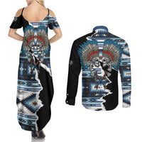 Native American Chief Skull With Axe Couples Matching Summer Maxi Dress and Long Sleeve Button Shirt - Wonder Print Shop