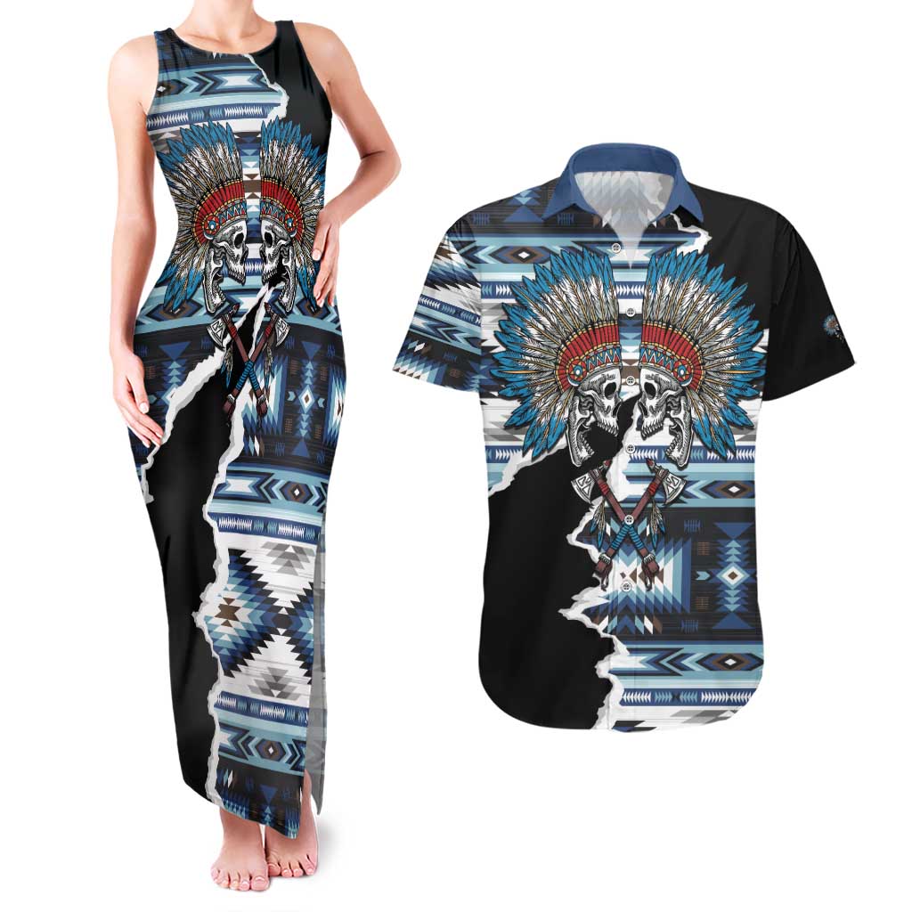 Native American Chief Skull With Axe Couples Matching Tank Maxi Dress and Hawaiian Shirt - Wonder Print Shop