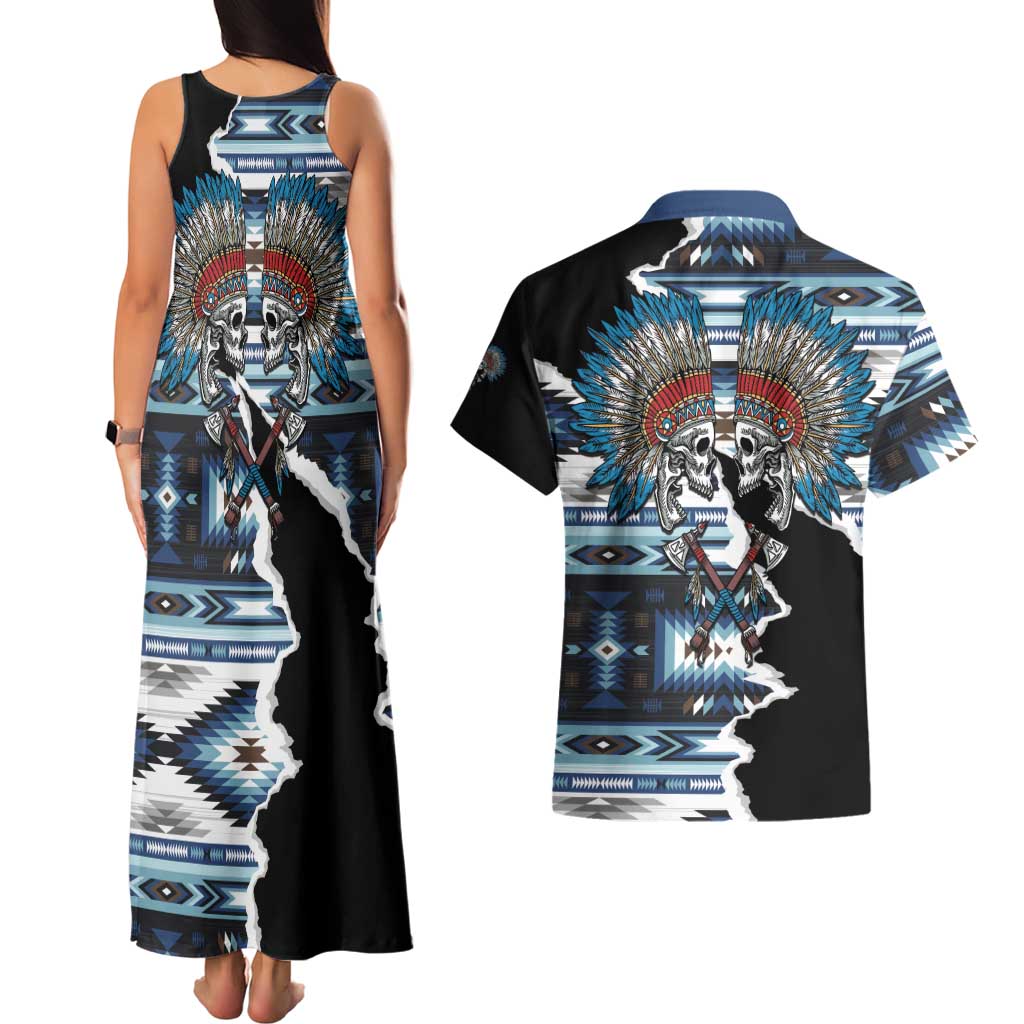 Native American Chief Skull With Axe Couples Matching Tank Maxi Dress and Hawaiian Shirt - Wonder Print Shop