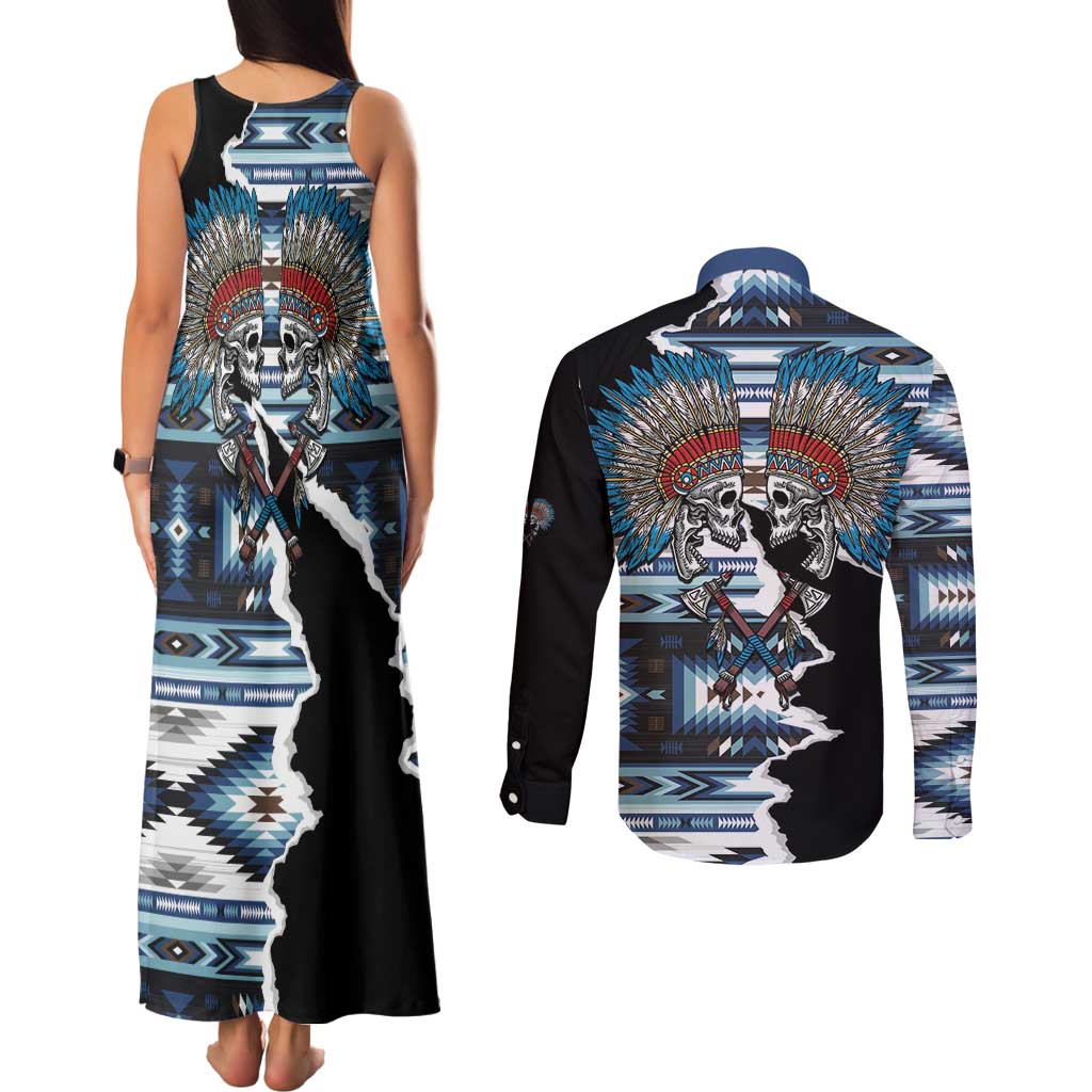 Native American Chief Skull With Axe Couples Matching Tank Maxi Dress and Long Sleeve Button Shirt - Wonder Print Shop