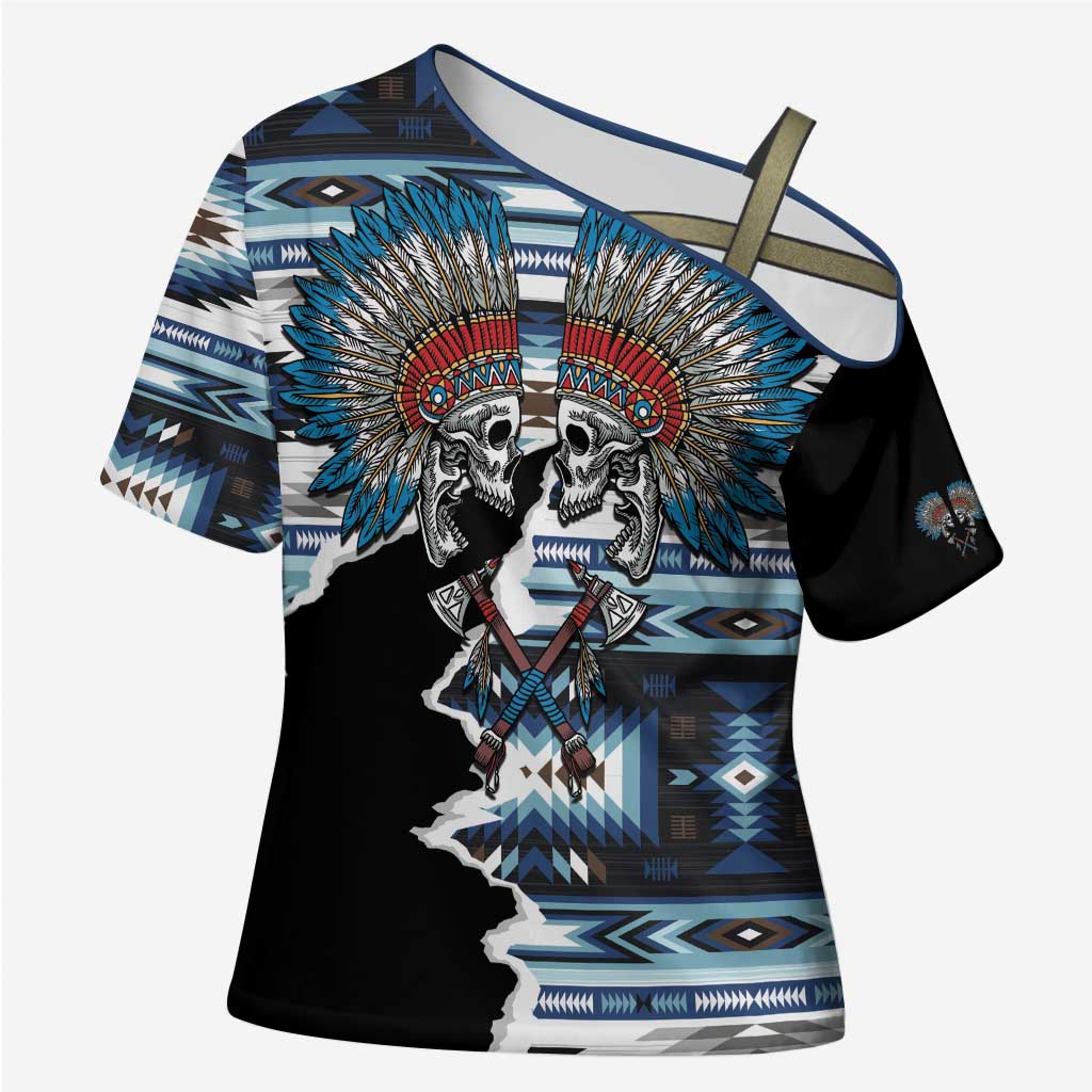 Native American Chief Skull With Axe Cross Shoulder Shirt - Wonder Print Shop