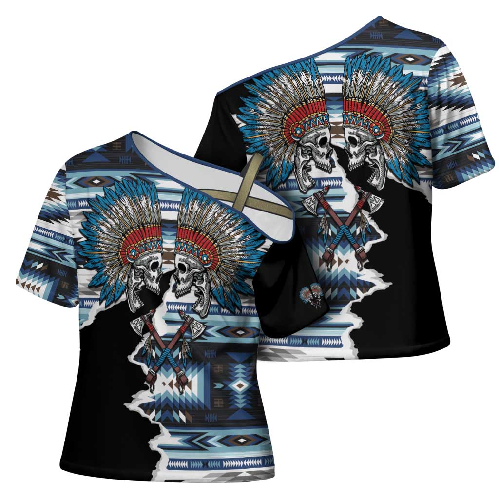 Native American Chief Skull With Axe Cross Shoulder Shirt - Wonder Print Shop