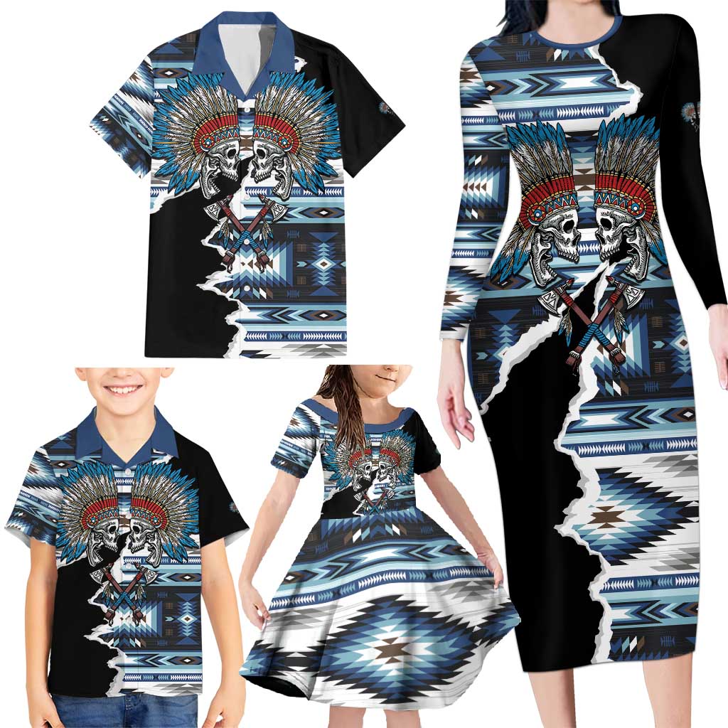 Native American Chief Skull With Axe Family Matching Long Sleeve Bodycon Dress and Hawaiian Shirt - Wonder Print Shop