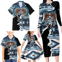 Native American Chief Skull With Axe Family Matching Long Sleeve Bodycon Dress and Hawaiian Shirt - Wonder Print Shop