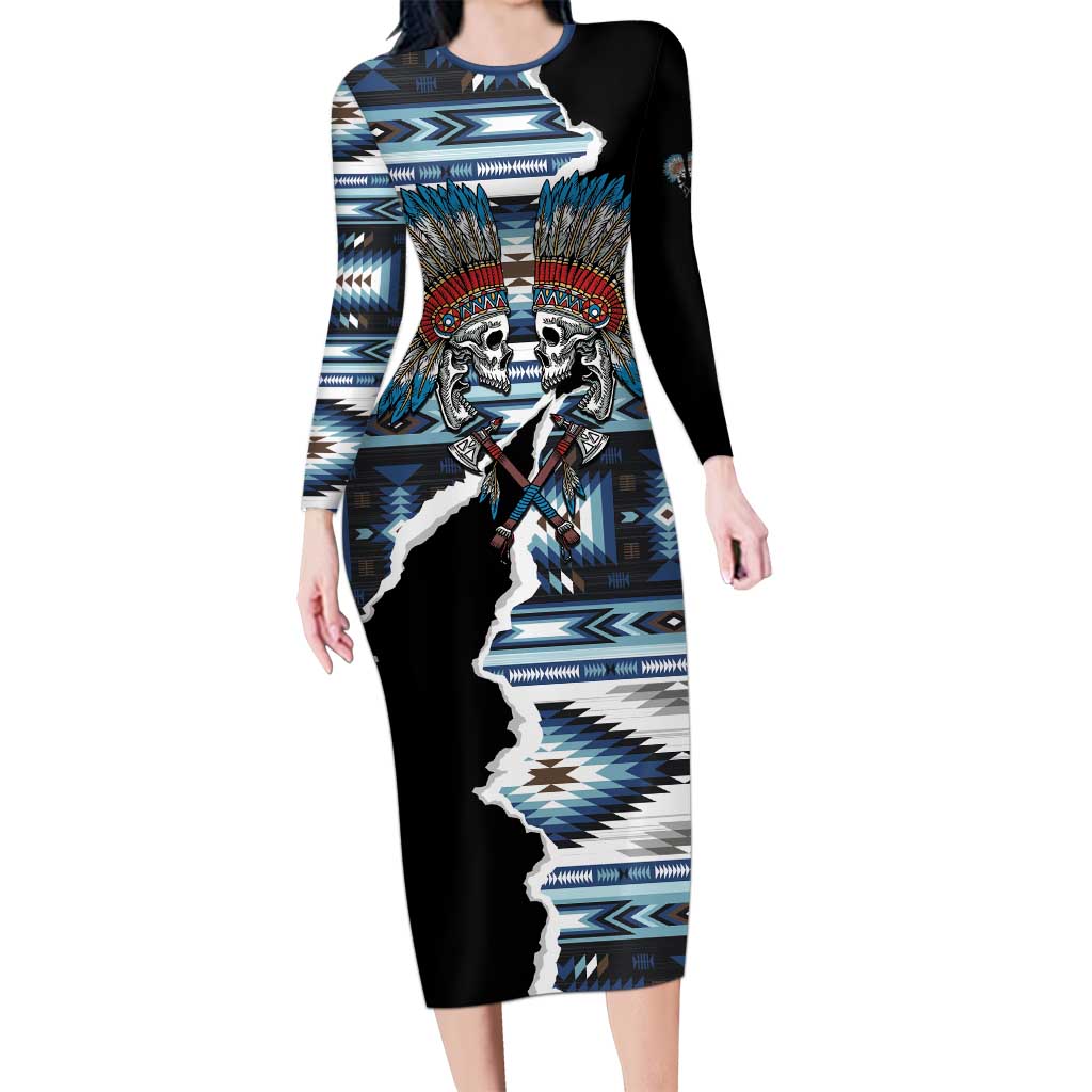 Native American Chief Skull With Axe Family Matching Long Sleeve Bodycon Dress and Hawaiian Shirt - Wonder Print Shop