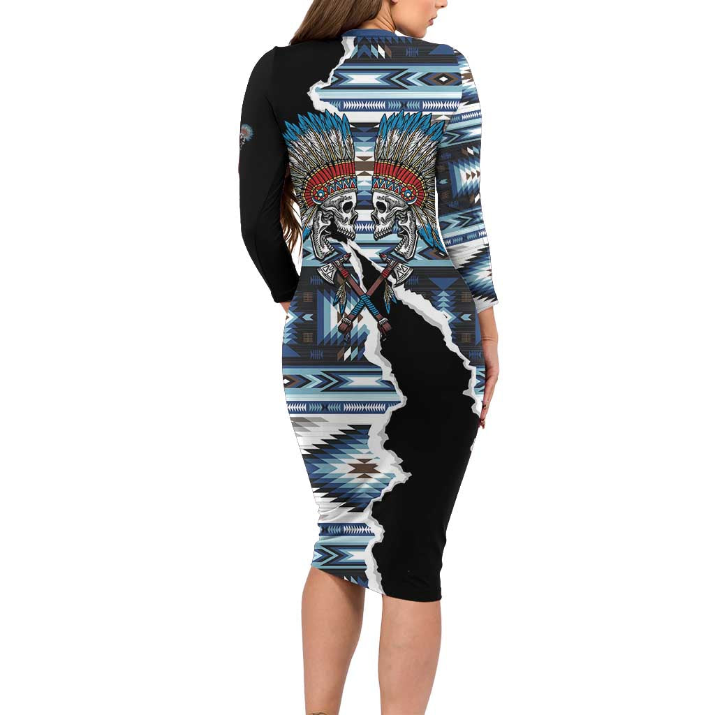 Native American Chief Skull With Axe Family Matching Long Sleeve Bodycon Dress and Hawaiian Shirt - Wonder Print Shop