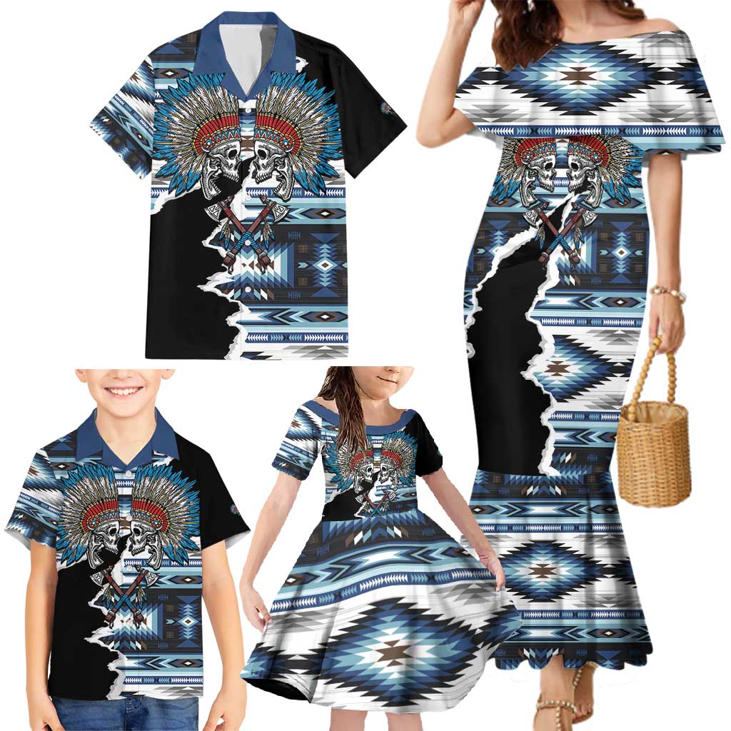 Native American Chief Skull With Axe Family Matching Mermaid Dress and Hawaiian Shirt - Wonder Print Shop