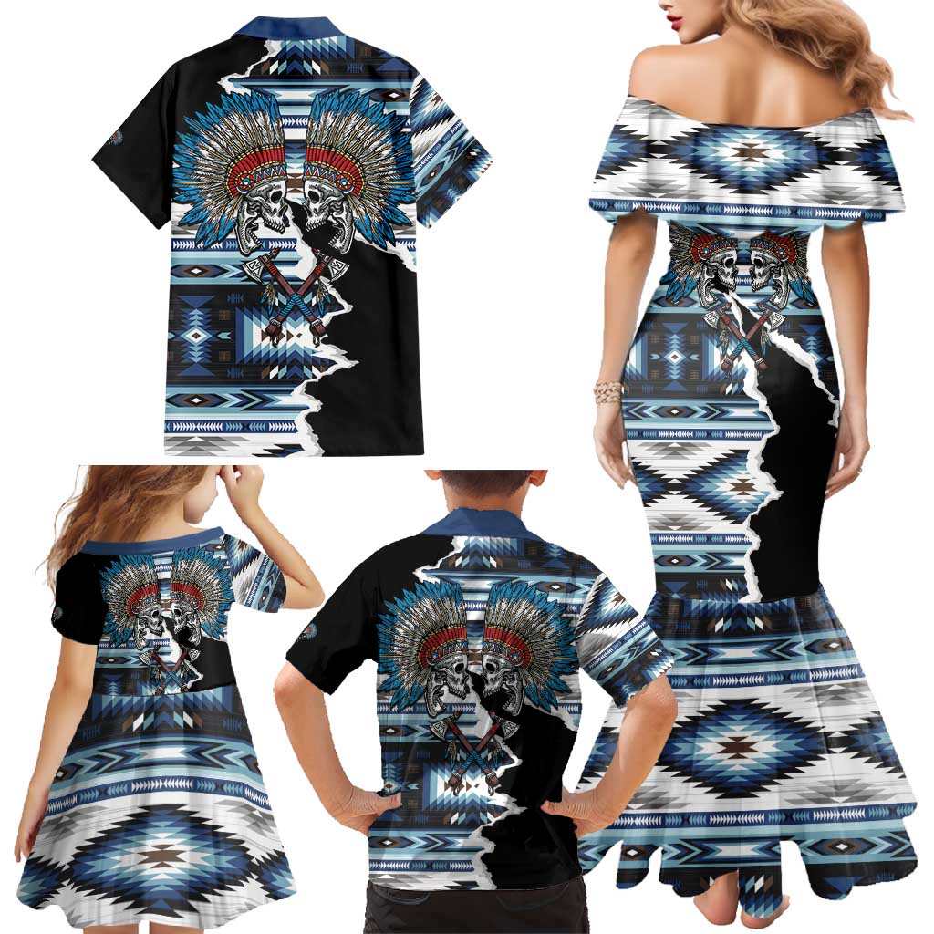 Native American Chief Skull With Axe Family Matching Mermaid Dress and Hawaiian Shirt - Wonder Print Shop
