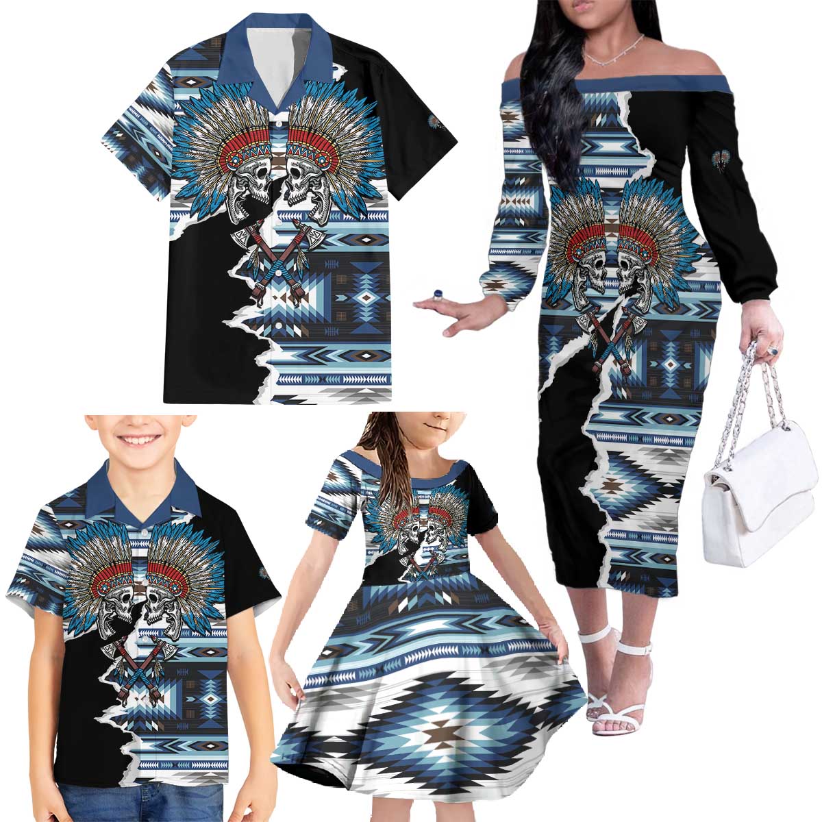 Native American Chief Skull With Axe Family Matching Off The Shoulder Long Sleeve Dress and Hawaiian Shirt - Wonder Print Shop