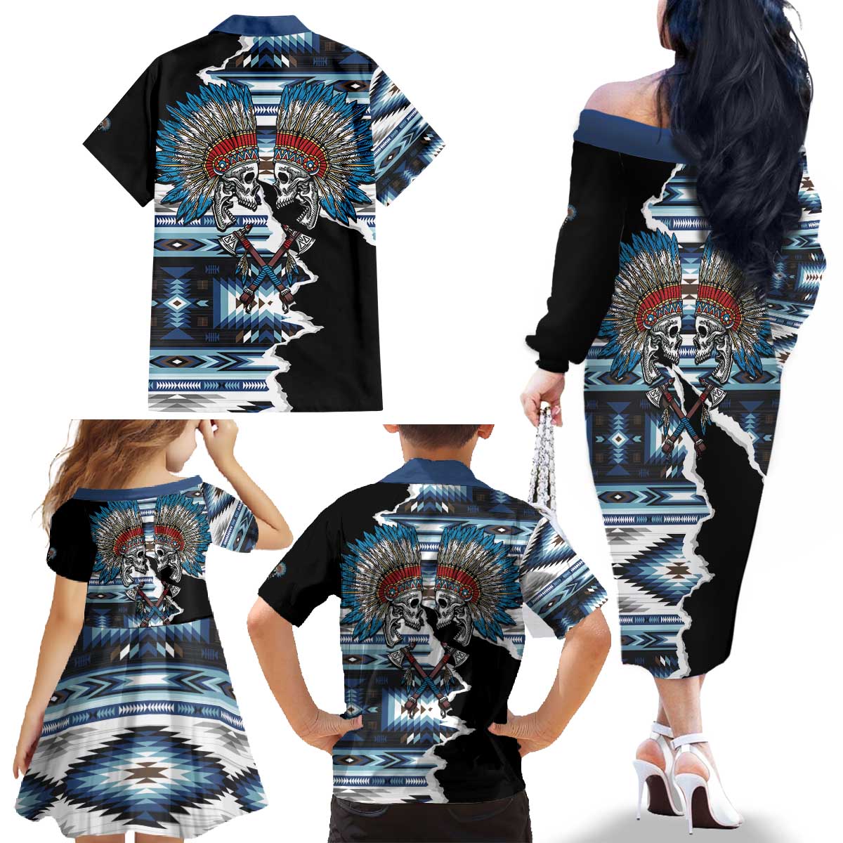 Native American Chief Skull With Axe Family Matching Off The Shoulder Long Sleeve Dress and Hawaiian Shirt - Wonder Print Shop