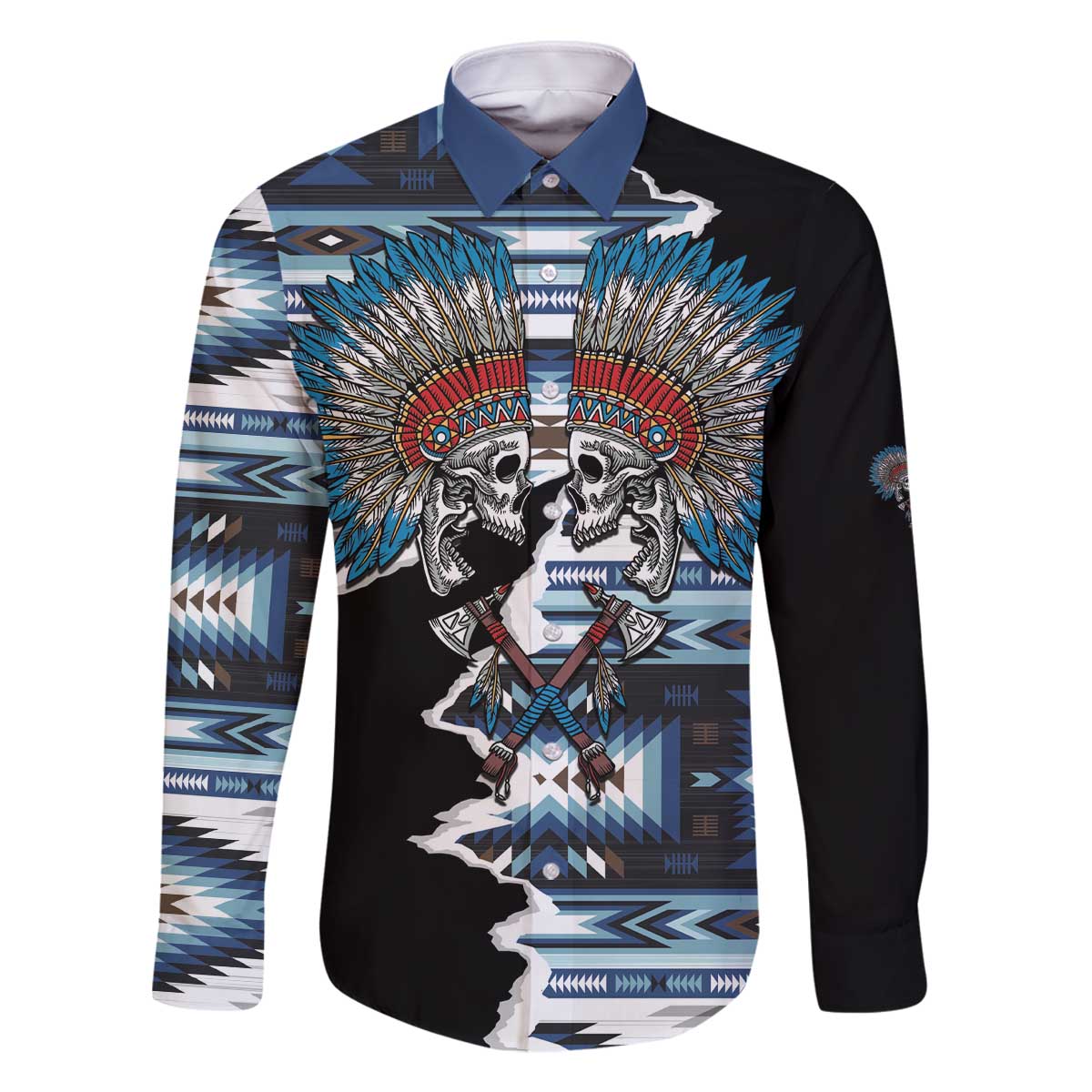 Native American Chief Skull With Axe Family Matching Off The Shoulder Long Sleeve Dress and Hawaiian Shirt - Wonder Print Shop