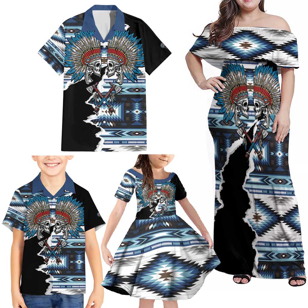 Native American Chief Skull With Axe Family Matching Off Shoulder Maxi Dress and Hawaiian Shirt - Wonder Print Shop