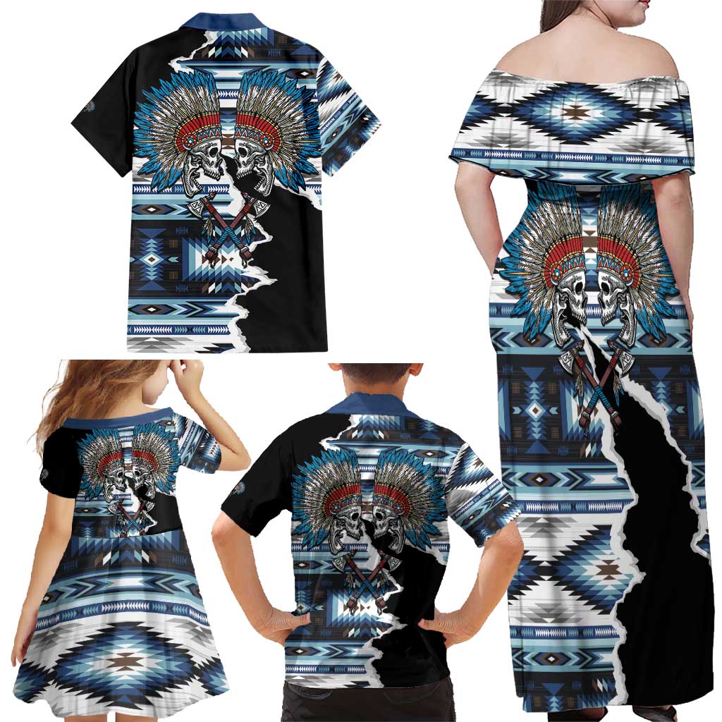 Native American Chief Skull With Axe Family Matching Off Shoulder Maxi Dress and Hawaiian Shirt - Wonder Print Shop