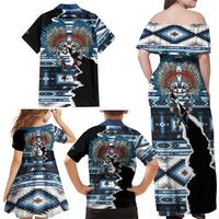 Native American Chief Skull With Axe Family Matching Off Shoulder Maxi Dress and Hawaiian Shirt - Wonder Print Shop