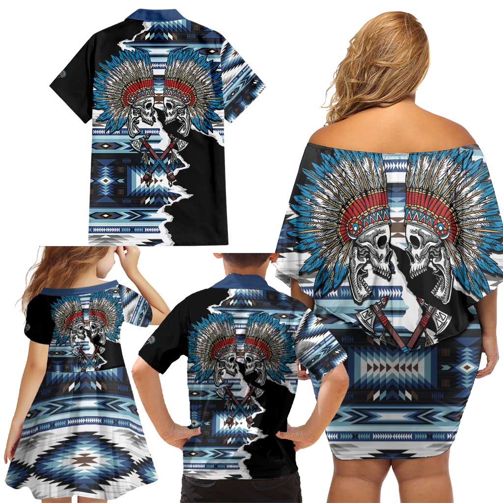 Native American Chief Skull With Axe Family Matching Off Shoulder Short Dress and Hawaiian Shirt - Wonder Print Shop