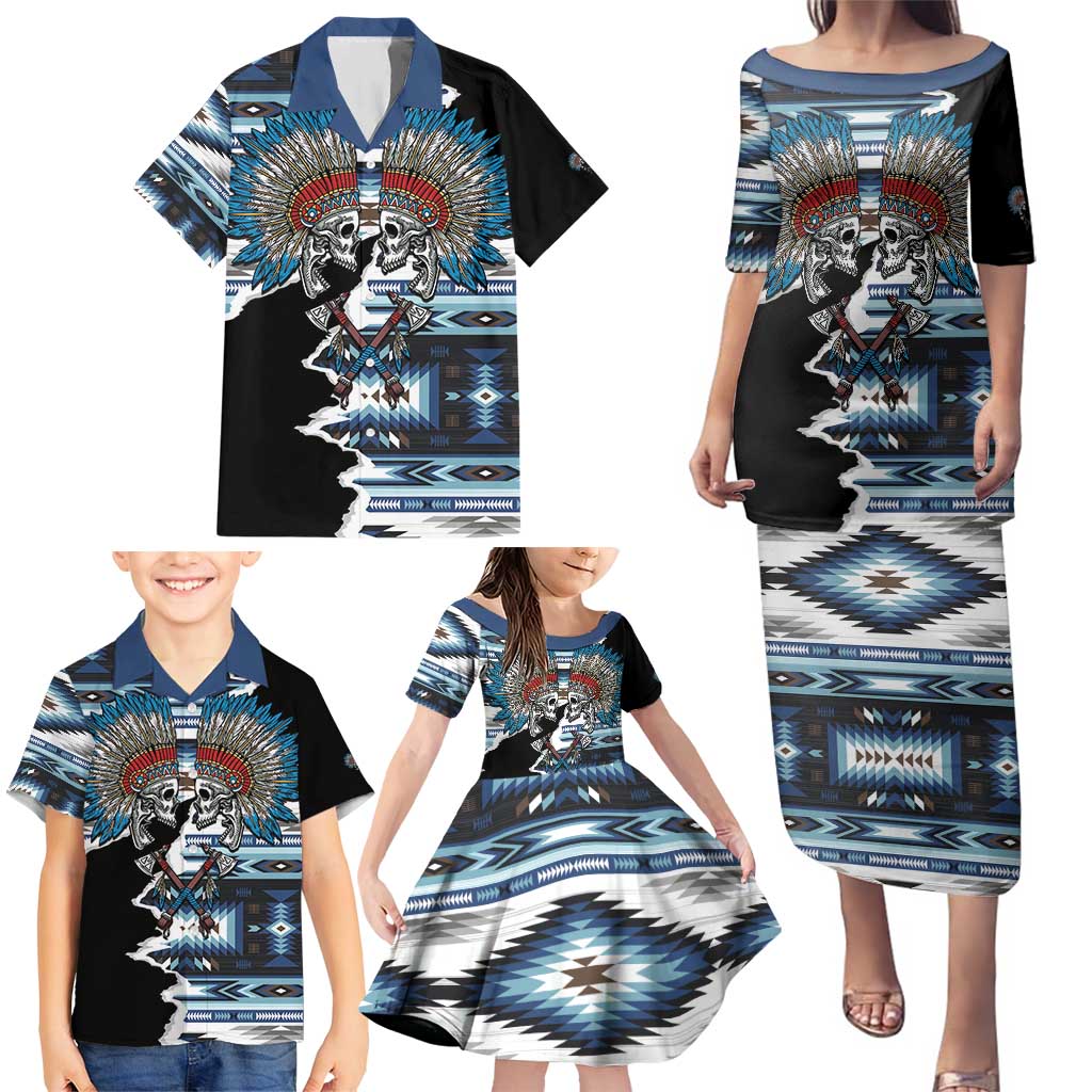 Native American Chief Skull With Axe Family Matching Puletasi and Hawaiian Shirt - Wonder Print Shop