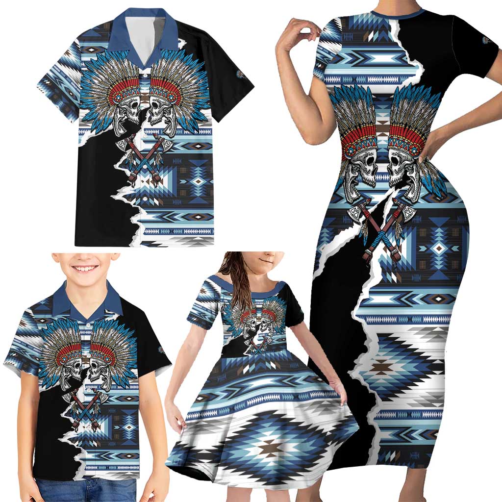 Native American Chief Skull With Axe Family Matching Short Sleeve Bodycon Dress and Hawaiian Shirt - Wonder Print Shop