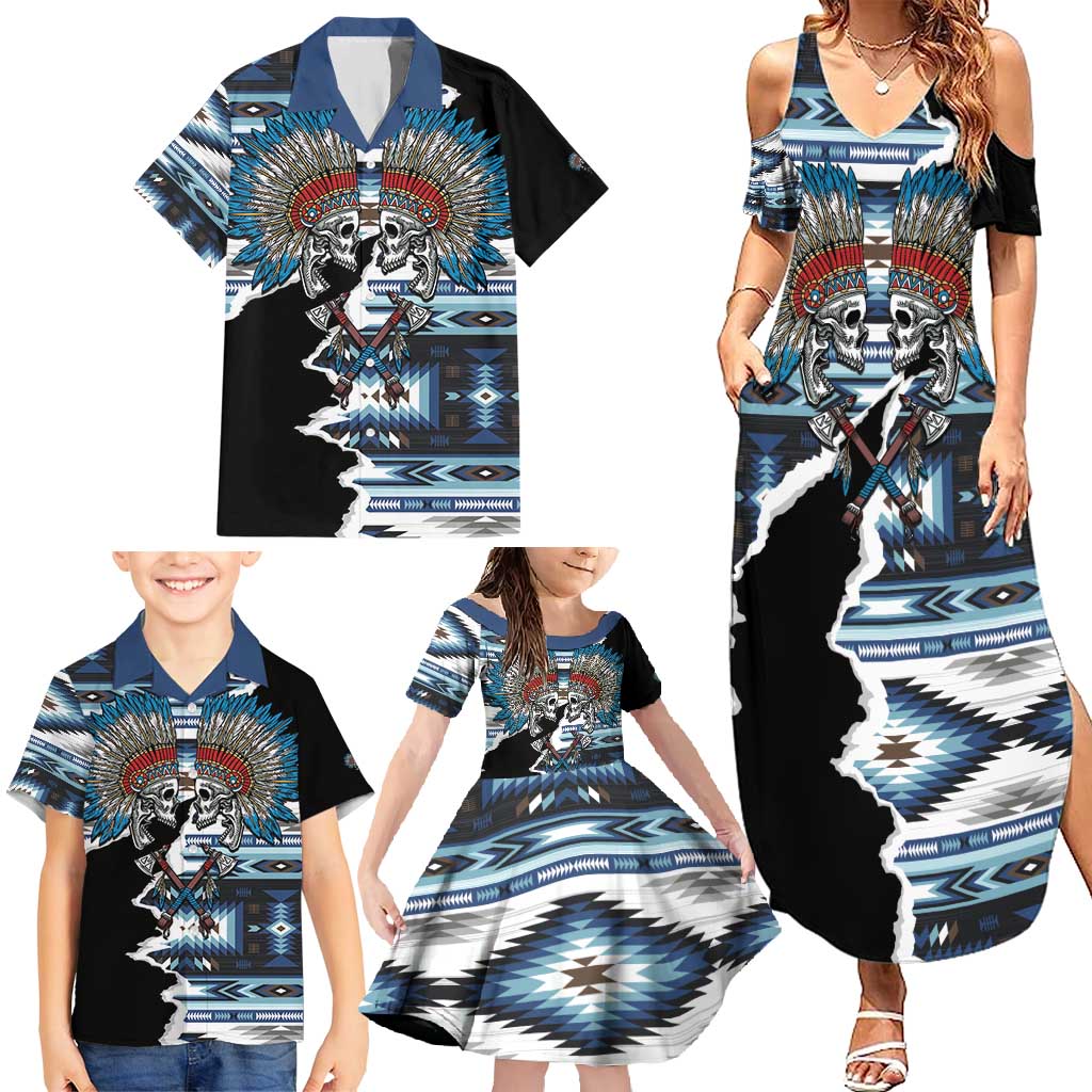 Native American Chief Skull With Axe Family Matching Summer Maxi Dress and Hawaiian Shirt - Wonder Print Shop