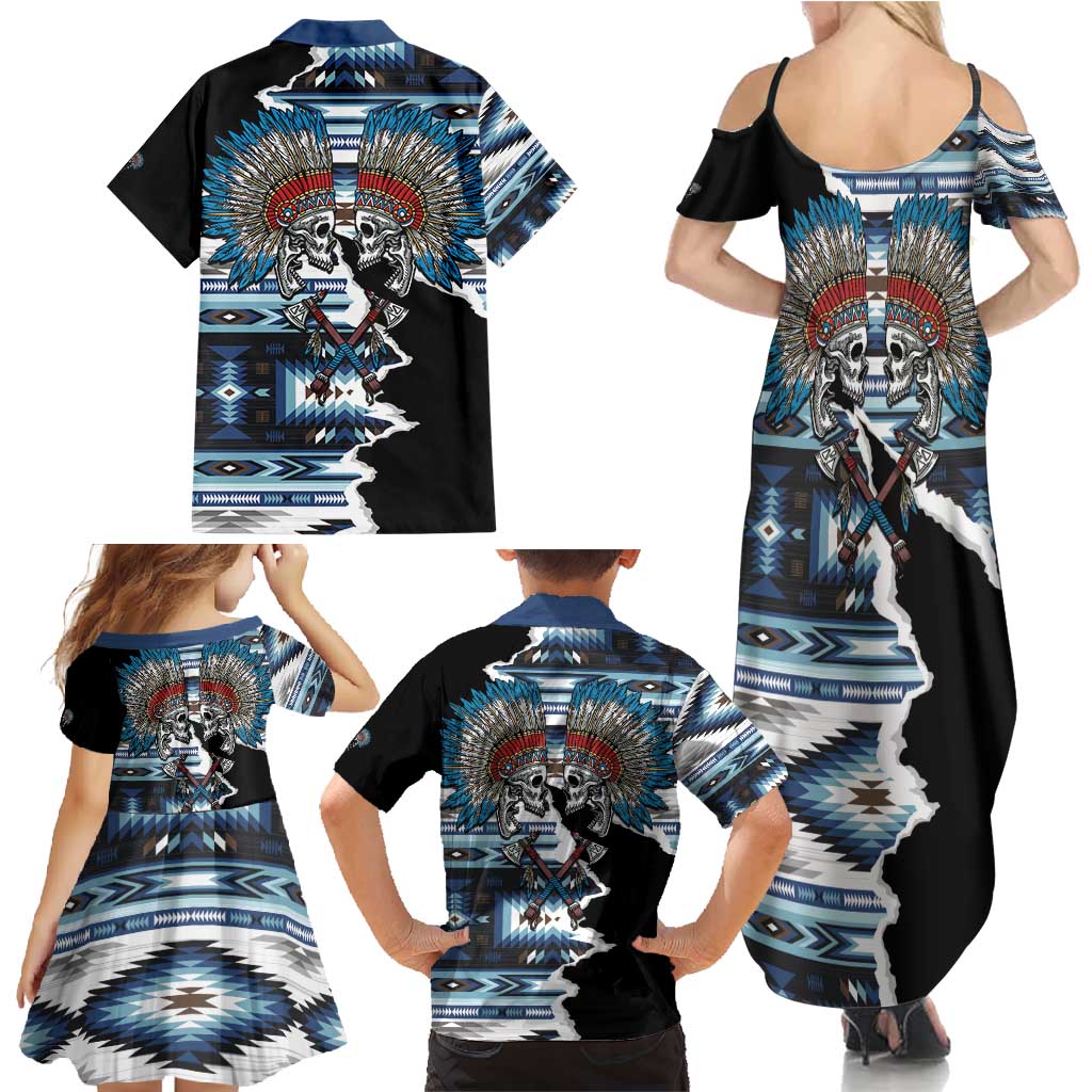 Native American Chief Skull With Axe Family Matching Summer Maxi Dress and Hawaiian Shirt - Wonder Print Shop