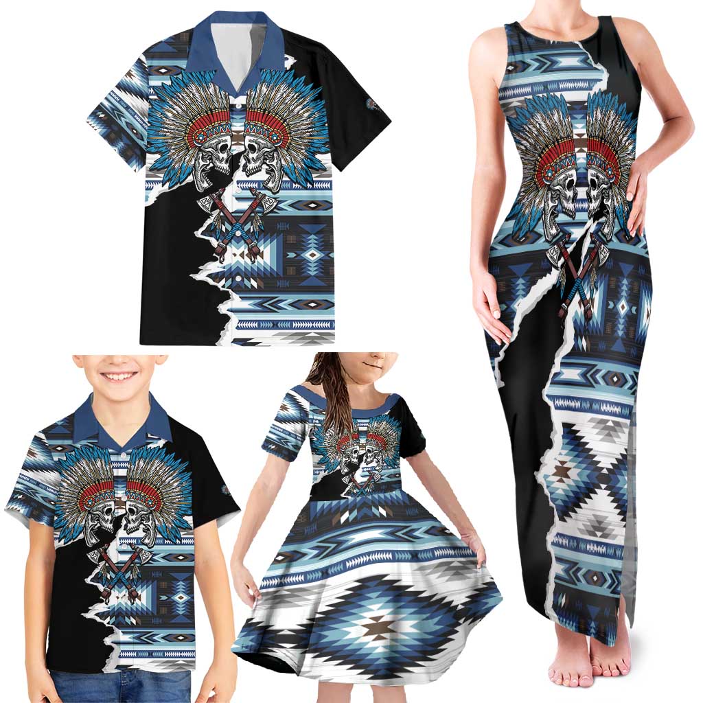 Native American Chief Skull With Axe Family Matching Tank Maxi Dress and Hawaiian Shirt - Wonder Print Shop