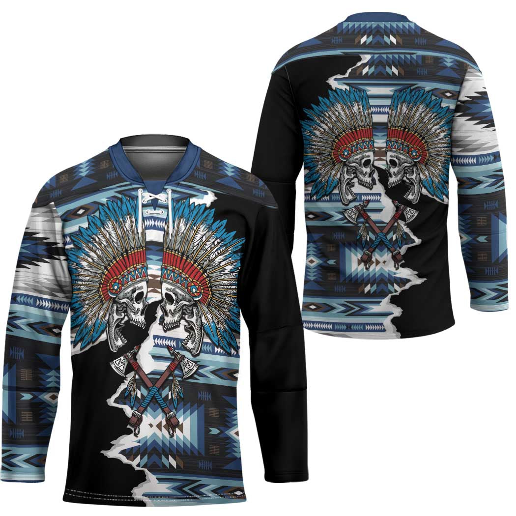Native American Chief Skull With Axe Hockey Jersey - Wonder Print Shop