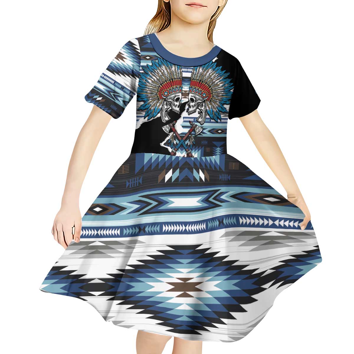 Native American Chief Skull With Axe Kid Short Sleeve Dress - Wonder Print Shop