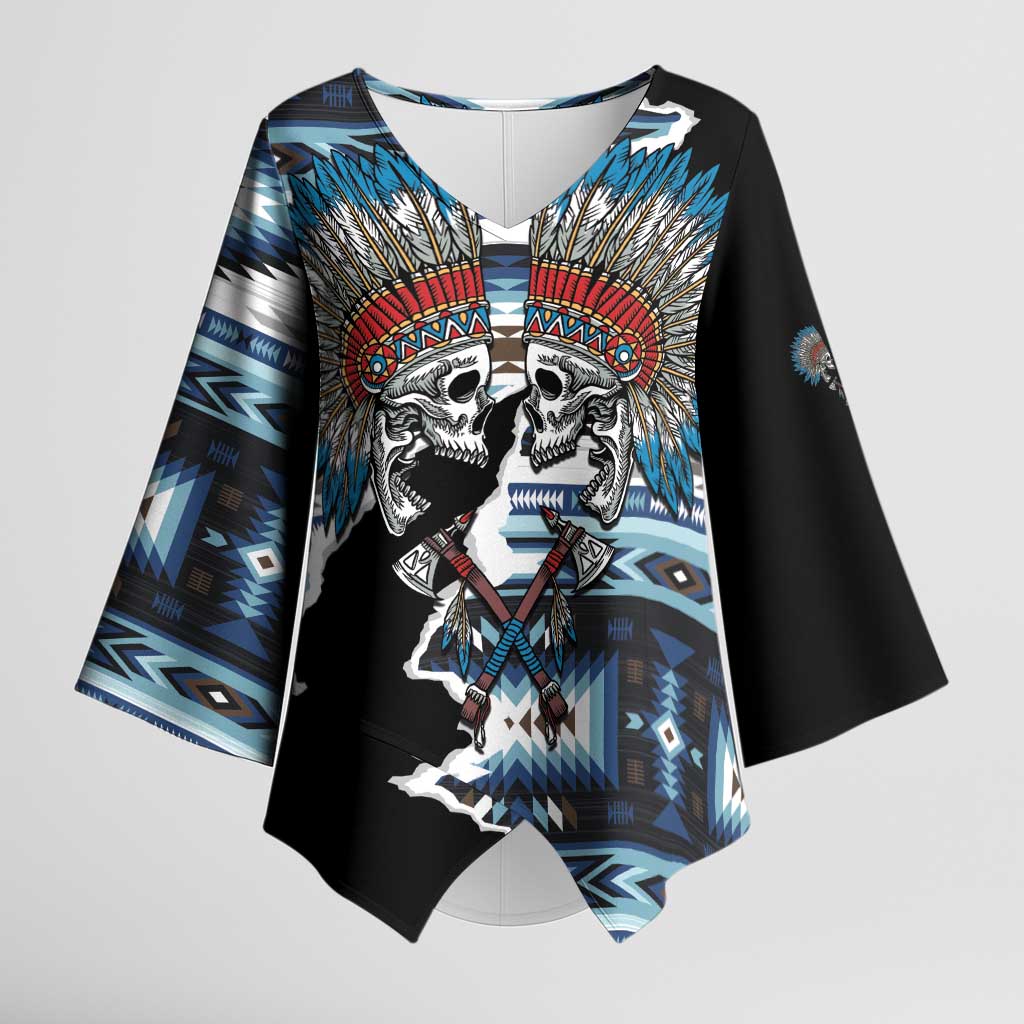 Native American Chief Skull With Axe Kimono Sleeve Blouse - Wonder Print Shop