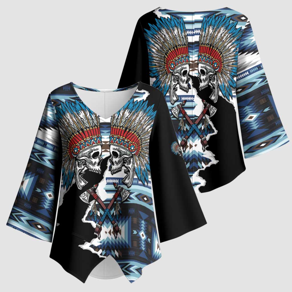 Native American Chief Skull With Axe Kimono Sleeve Blouse - Wonder Print Shop